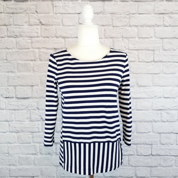 Madewell Stripeturn blue and cream 3/4 sleeve top ponte knit women's size S - Picture 2 of 8